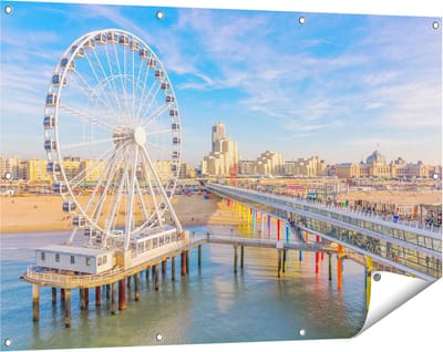Gards Tuinposter Scheveningen Pier met de Ferris Wheel - Reuzenrad - 120x80 cm - Tuindoek - Tuindecoratie - Wanddecoratie buiten - Tuinschilderij