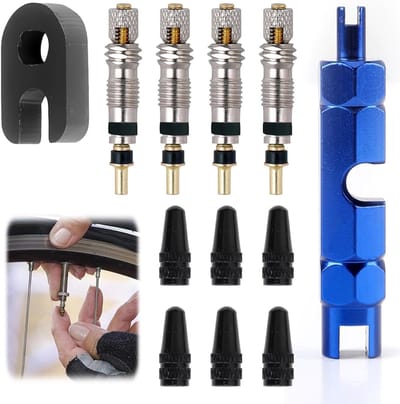 Complete set van 12 tubeless MTB ventielen met Presta ventielkernen, demontagetools en fietspompadapters voor eenvoudige reparaties en onderhoud