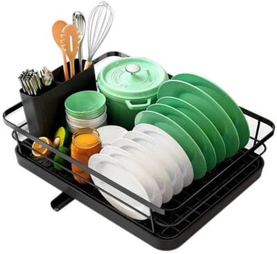 GELLDG Keuken afdruiprek - Ruimtebesparend - Keuken afdruiprek - Duurzaam - Roestvrij staal - Met bestekhouder - Zwart