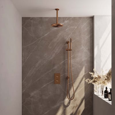 Brauer Copper Carving thermostatische inbouw regendouche 3-weg omstelling SET 41 met 20 cm douchekop en plafondarm en staaf handdouche en doucheslang en geïntegreerde glijstang koper geborsteld PVD