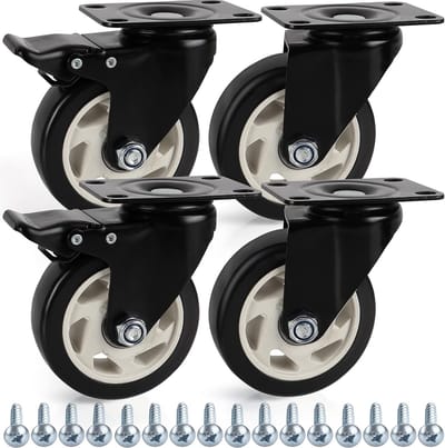 Zware Zwenkwielen Set van 4 - 100mm Rubber Wielen met Remmen en Schroeven - Tot 320kg Capaciteit - Perfect voor Trolleys en Meubels