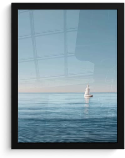 Poster in lijst - Fotolijst 30x40 cm - Posters - Zeilbootje - Kalme zee - Helderblauwe hemel - Posterlijst zwart - Decoratie - Wanddecoratie woonkamer - Muurdecoratie slaapkamer