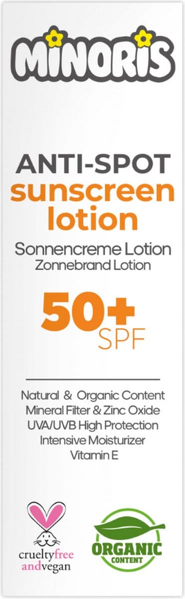 Minoris Anti-Spot Zonnebrandlotion SPF 50+ | Biologisch, Natuurlijk, Minerale Inhoud | Breedspectrum Zonnebescherming voor Gevoelige Huid | Hypoallergeen, Vegan, Rifvriendelijk, Waterbestendig, Dermatologisch Getest, Primer Geschikt - 150 ml