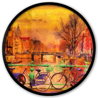 Poster in lijst Rond - Fotolijst 40x40 cm - Posters - Schilderij - Fiets - Amsterdam - Gracht - Olieverf - Ronde posterlijst zwart - Decoratie - Wanddecoratie woonkamer - Muurdecoratie slaapkamer