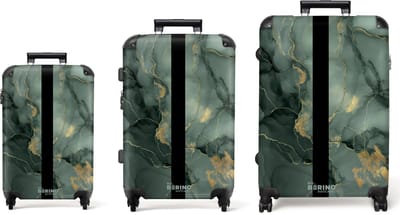 NoBoringSuitcases.com® - Kofferset 3 delig - Koffer lichtgewicht - Groen gouden marmer met streep - Reiskoffer set met 4 wielen - Handbagage trolley - Middelgrote rolkoffer - Ruimbagage koffer - Koffers met TSA slot