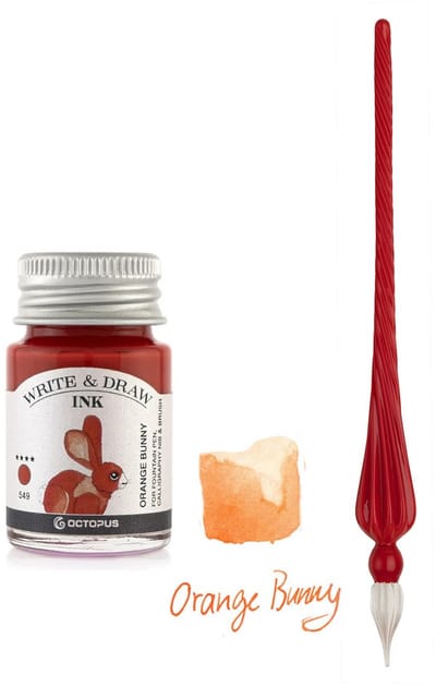 Glazen dip pen set in doosje - Rood - Potje Octopus inkt oranje bunny
