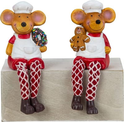 Kerstmuizen in bakkerskleren met bungelbenen - H=18cm B=7,5cm - Set van 2 stuks - Beeldjes met bungelbeentjes