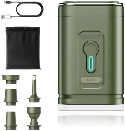 longziming -Multifunctionele Luchtpomp met LED Verlichting – 2400mAh Accu • USB-C Snel Opladen • 5 Mondstukken • Voor Kamperen, Strand & Thuisgebruik – Grijs