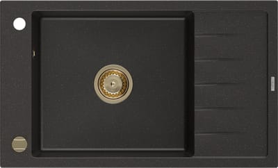 Mexen Elias granieten spoelbak 1-komor met afdruiprek 795 x 480 , zwart/goud metallic, gouden sifon - 6511791005-75-G