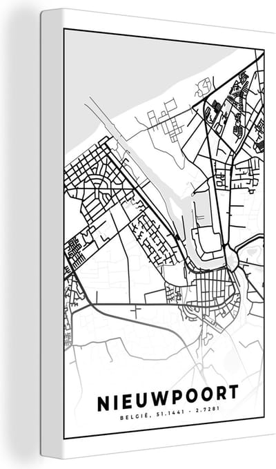 Canvas Schilderij Plattegrond – Nieuwpoort – Zwart Wit – Stadskaart - Kaart - België - 20x30 cm - Wanddecoratie