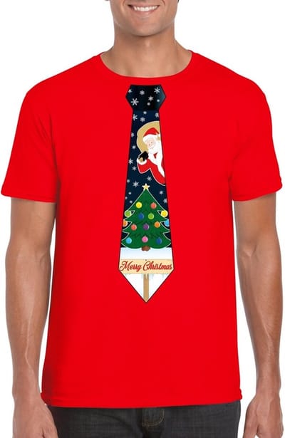 Foute kerst t-shirt trui - rood - met kerstboom stropdas - voor heren - kerstmis - kerstdiner S