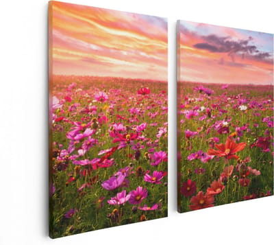 Artaza Canvas Schilderij Tweeluik Kleurrijke Kosmos Bloemenveld - 80x60 - Foto Op Canvas - Canvas Print