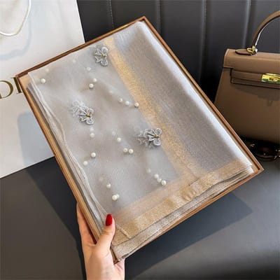 Bloemenborduurwerk Zijde Wol Sjaal Luxe Dames Hijab Vrouwelijke Foulard Pashmina Lange Strand Stola Sjaal Wikkel Sjaals Bandana 70X200CM gray