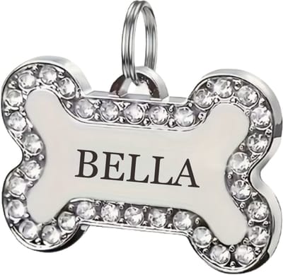 Hondenpenning Botje Stras | Hondenpenning stras botje | Hondenpenning Stras graveren | Gegraveerde hondenpenning met Stras | Petshop Seven