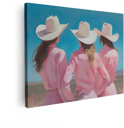 Artaza Canvas Schilderij Cowgirls - 120x90 cm - Wanddecoratie Vrouwen - Muurdecoratie Western - Decoratie Slaapkamer - Roze