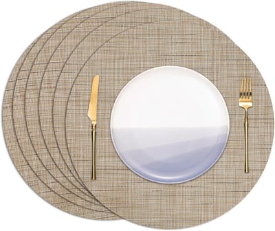 SnelShoppen - Afwasbare placemats rond 38 cm - Set van 8 antislip placemats PVC geweven vinyl geel - Perfect voor feest, camping, keuken en tuin