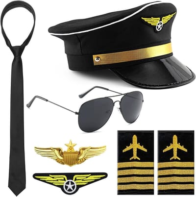 Pilot Kostuum voor Mannen met Captain Hoed, Epauletten en Aviator Set voor Halloween en Themafeesten