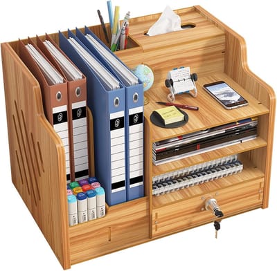 Bureau-organizer, bureau, organizer, hout, kinderen, grote tafelorganizer, opbergsysteem, bureau voor kantoorbenodigdheden, bruin