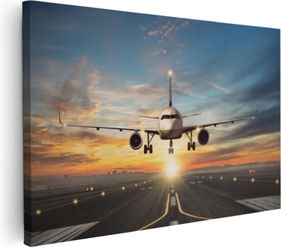 Artaza Canvas Schilderij Opstijgend Vliegtuig - 30x20 cm - Klein - Wanddecoratie Luchtvaart - Muurdecoratie Zon - Kamer Accessoires