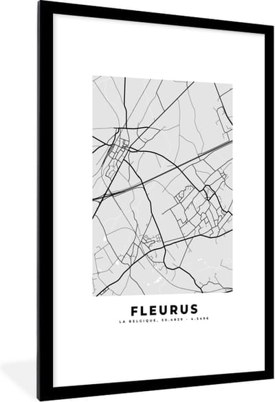 Fotolijst incl. Poster Zwart Wit- Zwart Wit – België – Plattegrond – Stadskaart – Kaart – Fleurus - 80x120 cm - Posterlijst