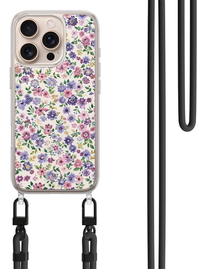Hoesje met koord geschikt voor iPhone 16 Pro Max - Paarse bloemen - Inclusief zwart koord - Crossbody beschermhoes - Transparant, Paars - Mooie Telefoonhoesjes
