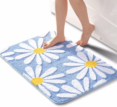Famanu - Blauw badkamertapijt, schattige madeliefjes, badmat, antislip, wasbaar, witte en gele bloem, zachte douchemat, absorberend, 60 x 90 cm