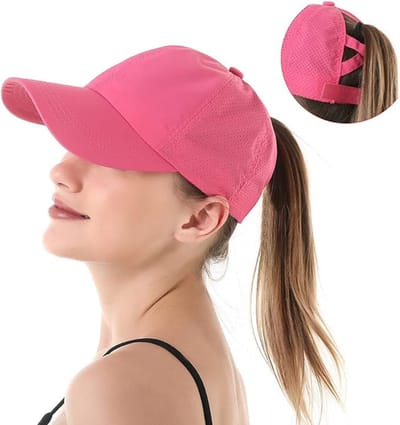 Zonnehoed voor dames - Dames Baseballpet Paardenstaart - Zomer Sneldrogende Hoed - Ademend Mesh - Kruishoed - Zonnehoed voor Buitensporten - Klittenband Verstelbare Hoofdomtrek - One Size - Roze