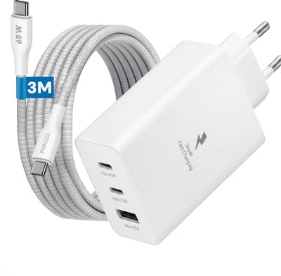 Phreeze USB C Adapter 3 Poorten + USB C Kabel 3 Meter Lang - USB-C naar USB-C - Snellader - Telefoon Oplader - Laptop Oplader USB-C - Wit