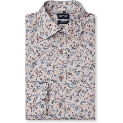 OLYMP Luxor modern fit overhemd - dobby - beige met blauw en groen dessin - Strijkvrij - Boordmaat: 38 (EU maat: S)