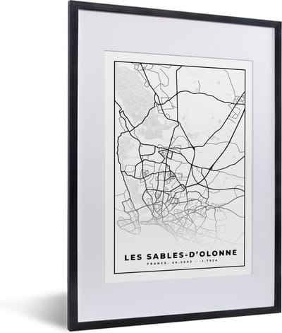 Fotolijst incl. Poster Zwart Wit- Stadskaart – Les Sables-d'Olonne - Plattegrond – Kaart – Frankrijk - Zwart wit - 30x40 cm - Posterlijst