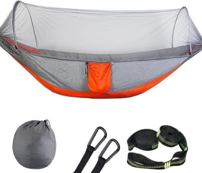 Outdoor Hangmat - Kampeerhangmat - Kamperen en Reizen - Met Klamboe - 1-2 Personen - Grijs Oranje
