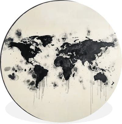 WallCircle - Wandcirkel - Muurcirkel - Wereldkaart - Zwart - Inkt - Aluminium - Dibond - 30x30 cm - Binnen en Buiten