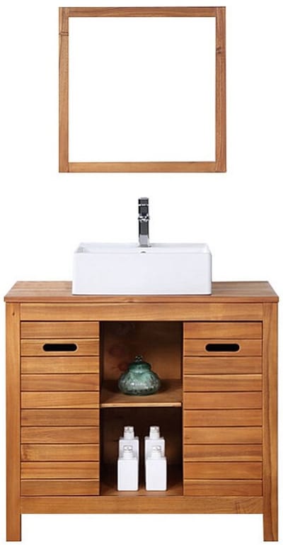 Vente-unique Badkamermeubel van acaciahout met enkele wastafel en spiegel - 90 cm - PULUKAN