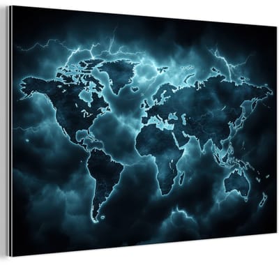 Aluminium schilderij 180x120 cm - Wanddecoratie metaal - Wereldkaart - Bliksem - Blauw - Metalen muurdecoratie woonkamer - Decoratie industrieel - Foto op dibond - Industriële accessoires slaapkamer