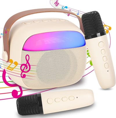 Professionele Karaoke Compleet, Draagbare Bluetooth Karaoke Speaker met 2 Microfoons en Lichten Kinder- en Volwassenenfeestjes, Verjaardagsgeschenken voor Meisjes, Jongens en Familiefeestjes thuis（Beige）