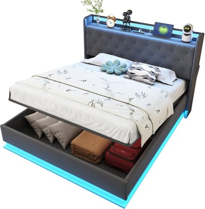 Gestoffeerd bed met LED-verlichting, afmetingen 140 x 200 cm, met USB-oplaadpoort en hydraulisch veersysteem, gemaakt van huidvriendelijke linnenstof, grijs.