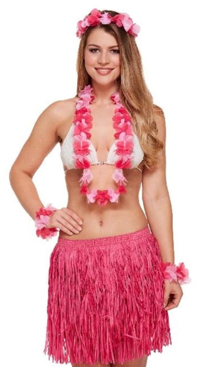 Henbrandt - 5-DELIGE VOLWASSENEN HAWAI SET - Bestaande uit: Hawai Rokje / Hawaïkrans / 2x Hawaii Armbanden - 1x Hawaii Hoofdband - Hawaii kostuum - Carnavalskleding - Verkleedkleding - Strandfeest - Vrouw - Maat: ONE SIZE FITTS ALL - Kleur: Roze