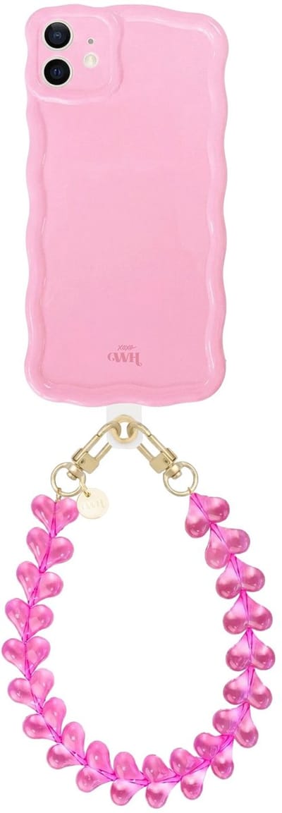 xoxo Wildhearts Glossy Wavy Case Bubble Blush - Funky Hearts - geschikt voor iPhone 12 - hoesje met telefoonkoord - afneembaar harten koord - hartjesketting - kort telefoonkoord - hoesje met golven - Roze