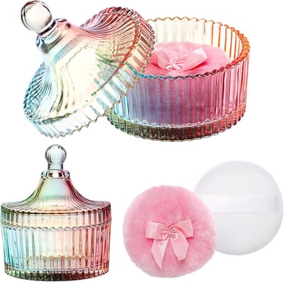 Glazen poederblikset met kleurrijke poederhouder, ideaal voor babypoeder, talkpoeder en cosmetica, perfect voor reizen en als cadeau