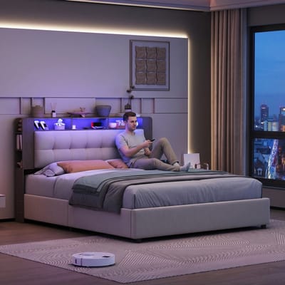 Tweepersoonsbed 140x200 Wit Fluweel – Opklapbed met Opbergruimte, RGB LED, Hoofdbord met Opslag & Draadloos Opladen