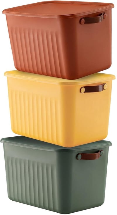 Tobeyz - Opbergbox - Opbergdoos - Opbergmand - 10L BPA-vrije Kunststof Opbergbox met Deksel – Nestelbaar en Stapelbaar – Ideaal voor Badkamer, Keuken en Speelgoedopslag - Geel, Baksteenrood, Groen