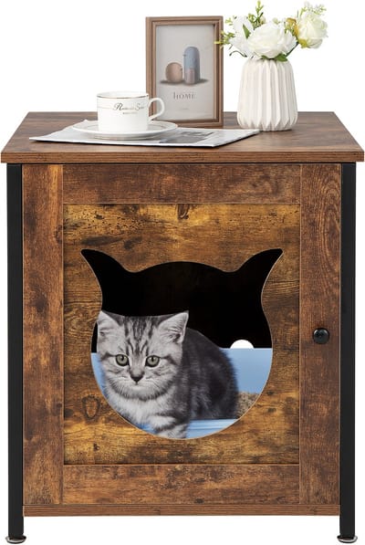COSTWAY Kattenkast, kattenbak, kattenbak met deur en ingang, kattenhuis bijzettafel hout, kattenmand voor kleine en middelgrote katten, vintage bruin, 50 x 53 x 55 cm (1 stuks)