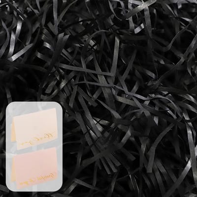200g Zwart Vulmateriaal voor Geschenkdozen, Zacht en Decoratief Vulmateriaal voor Verjaardag, Bruiloft en Babyshower, Inclusief 2 Roze Witte Kaarten