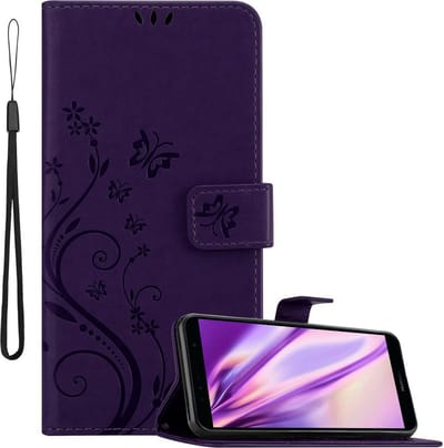 Cadorabo Hoesje geschikt voor Honor 7A / Huawei Y6 PRIME 2018 in BLOEMEN DONKER PAARS - Beschermhoes in bloemmotief met magnetische sluiting, standfunctie en kaartsleuven Book Case Cover Etui