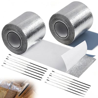 Dailygoods - 2 stuks zelfklevende hitteweringstape 5 m x 5 cm aluminium plakband, hittebeschermingsband uitlaat met 12 kabelbinders uitlaat reparatieset uitlaatband reparatieband voor auto motorfiets spruitstuk