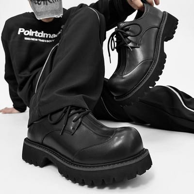 Heren High-end Leer Casual Dikke zool Grote kop Verhoogd Zwart Kleine Britse Ronde Neus Derby Schoenen 42 black