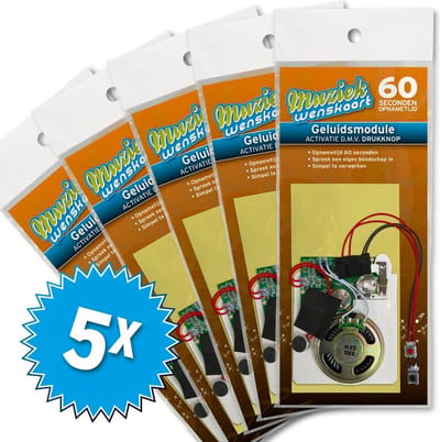 5x Geluidsmodule 60 seconden - geactiveerd door drukknopje - zelf opneembaar - spreek je eigen boodschap in - simpel te verwerken