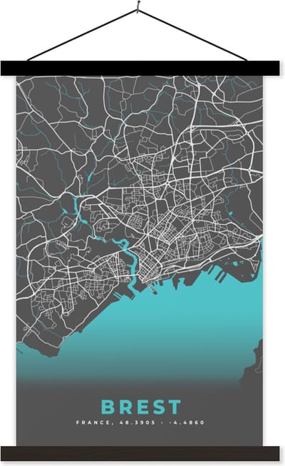 Posterhanger incl. Poster 40x60 cm - Schoolplaat - Kaart - Stadskaart - Brest - Frankrijk - Plattegrond - Textielposter - Zwarte latten - Stadskaart