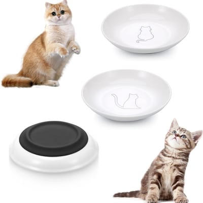Kat Voerbak Keramiek - Katten Schotel - Dieren Eetbakjes - Ondiepe Constructie - Antislip Bodem - Unieke Kattenpatronen - 3 Stuks