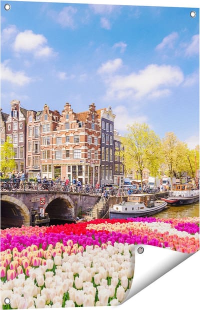 Gards Tuinposter Amsterdamse Huisjes aan de Grachten - 60x80 cm - Tuindoek - Tuindecoratie - Wanddecoratie buiten - Tuinschilderij